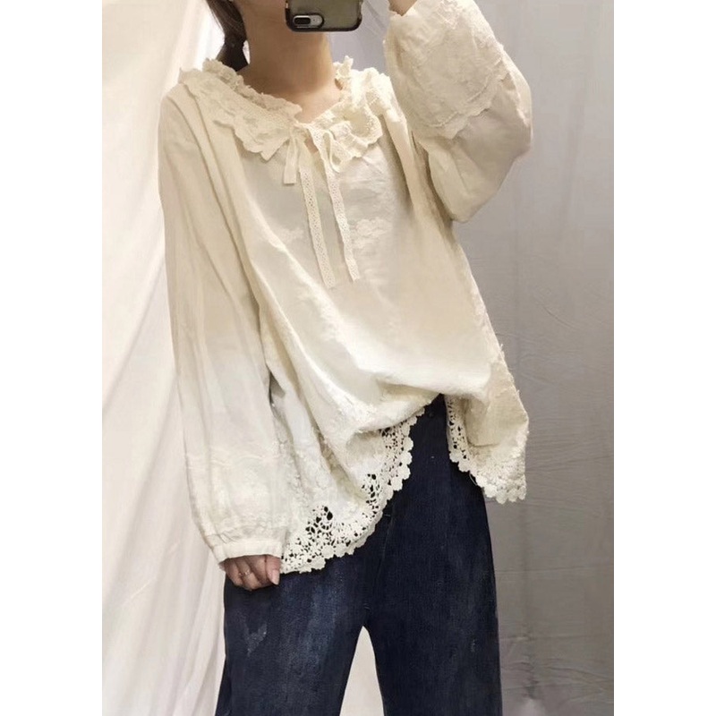 Beautiful Beige Peter Pan Collar Embroidered Floral Neck Tie Hollow Patchwork Out Cotton Shirt Long Sleeve