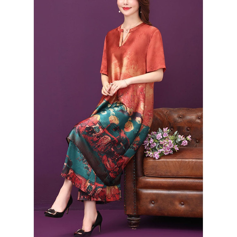 Beautiful Red O-Neck Print Silk Long Dress And Straight Pant Two Piece Set Summer
