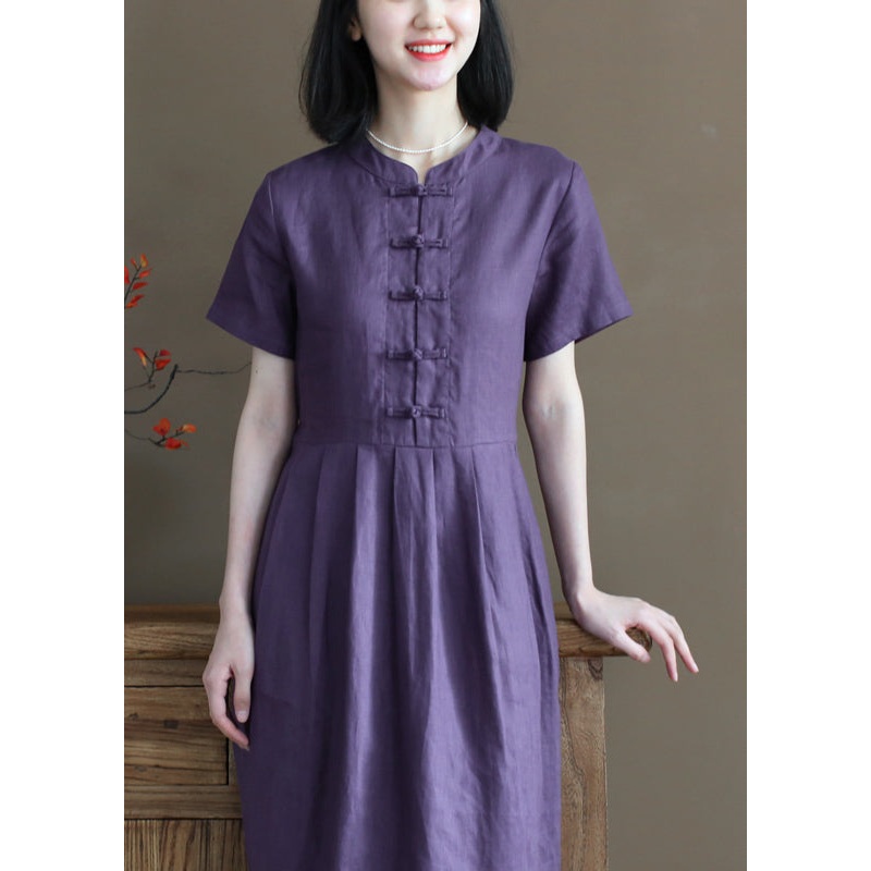 Beautiful Solid Purple Stand Collar Cinched Button Linen Cinch Dress Short Sleeve