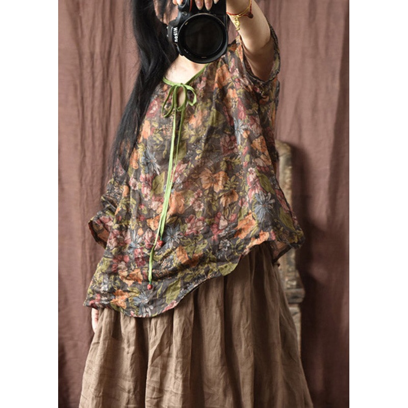 Black Coffee Colour O-Neck Print Linen Top Half Sleeve