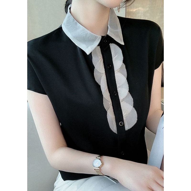 Black Patchwork Chiffon Shirt Top Peter Pan Collar Button Short Sleeve