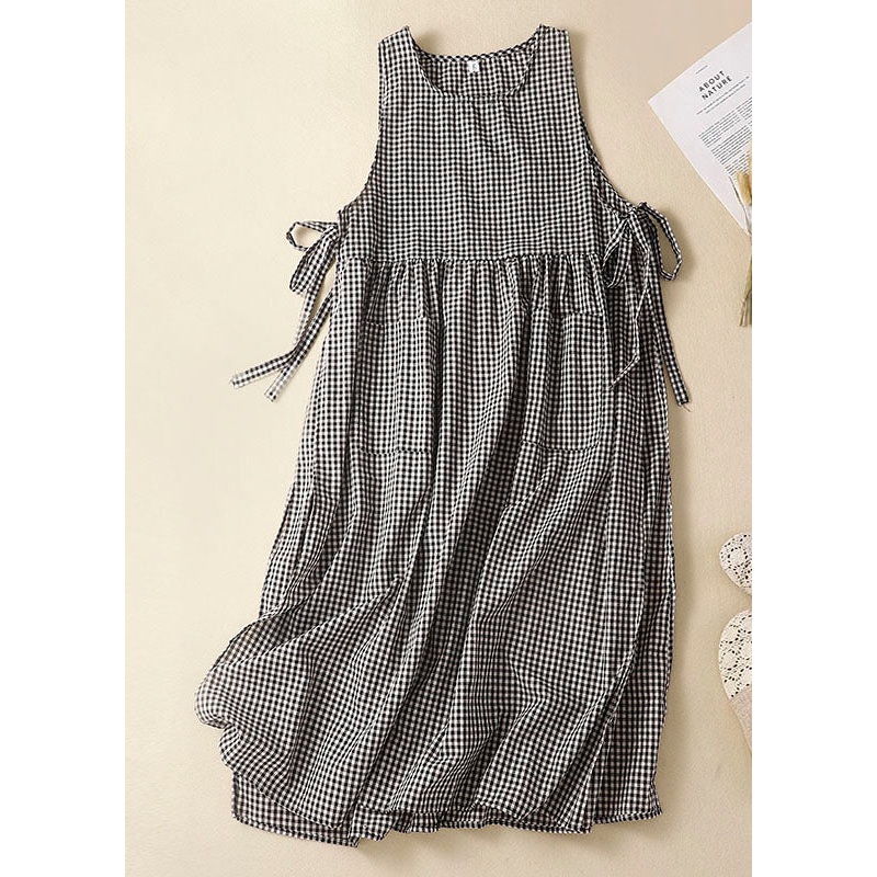 Black Plaid Linen Party Dress O-Neck Lace Up Wrinkled Sleeveless