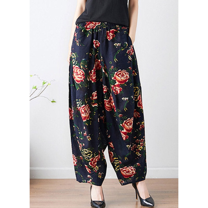 Black Pockets Print Wide Leg Pants Summer