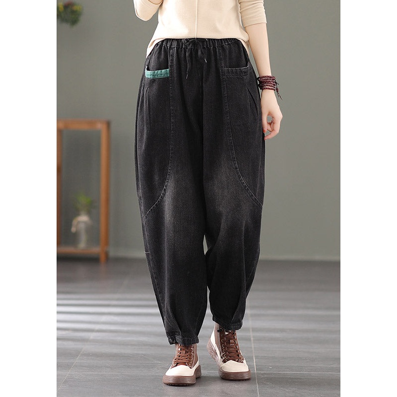 Black Pockets Tie Waist Cotton Pants Summer