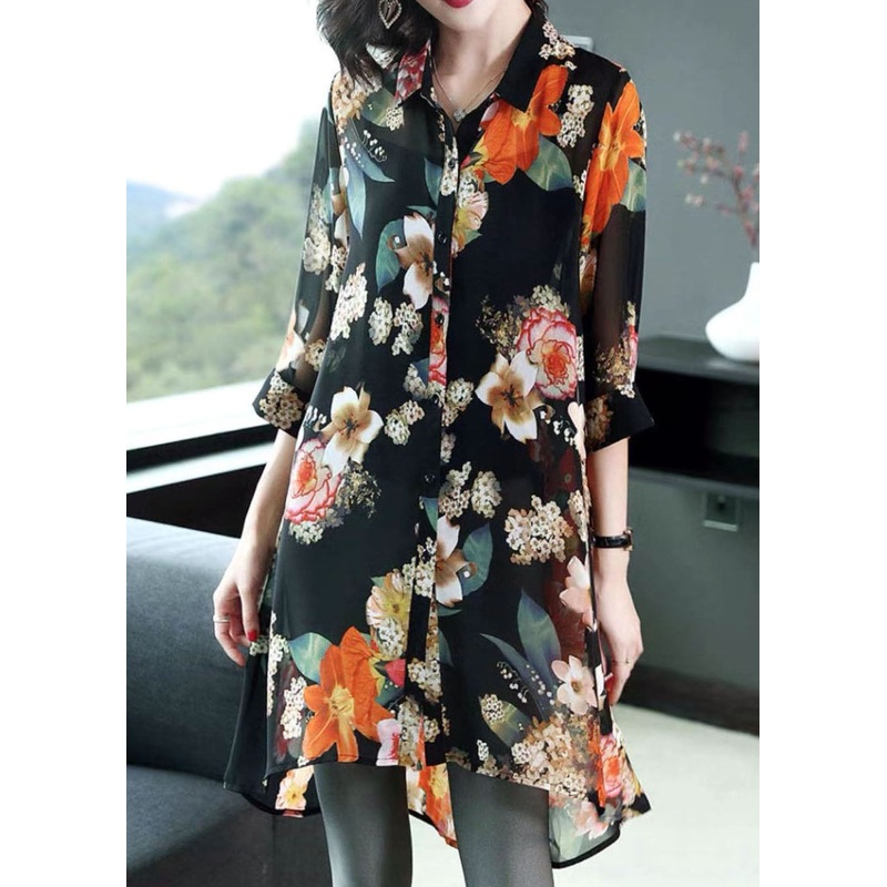 Black Print Silk Long Blouse Tops Peter Pan Collar Button Half Sleeve