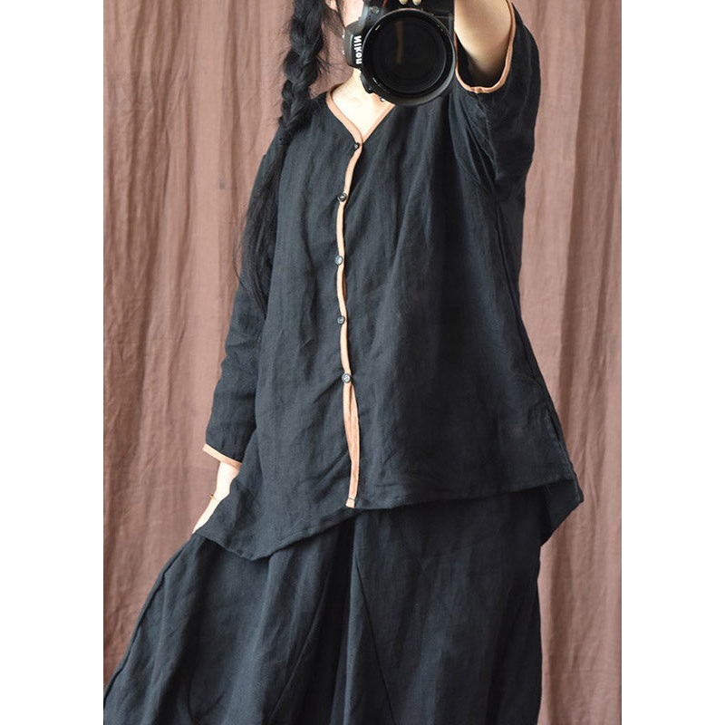 Black V Neck Low High Design Linen Tops Long Sleeve