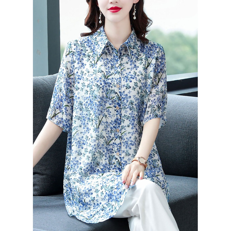 Blue Peter Pan Collar Print Chiffon Long Blouse Top Half Sleeve