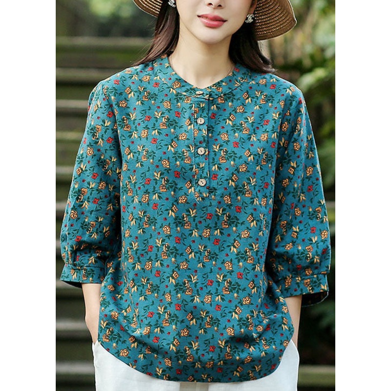 Blue Print Linen Loose Shirts For Women O-Neck Button Bracelet Sleeve