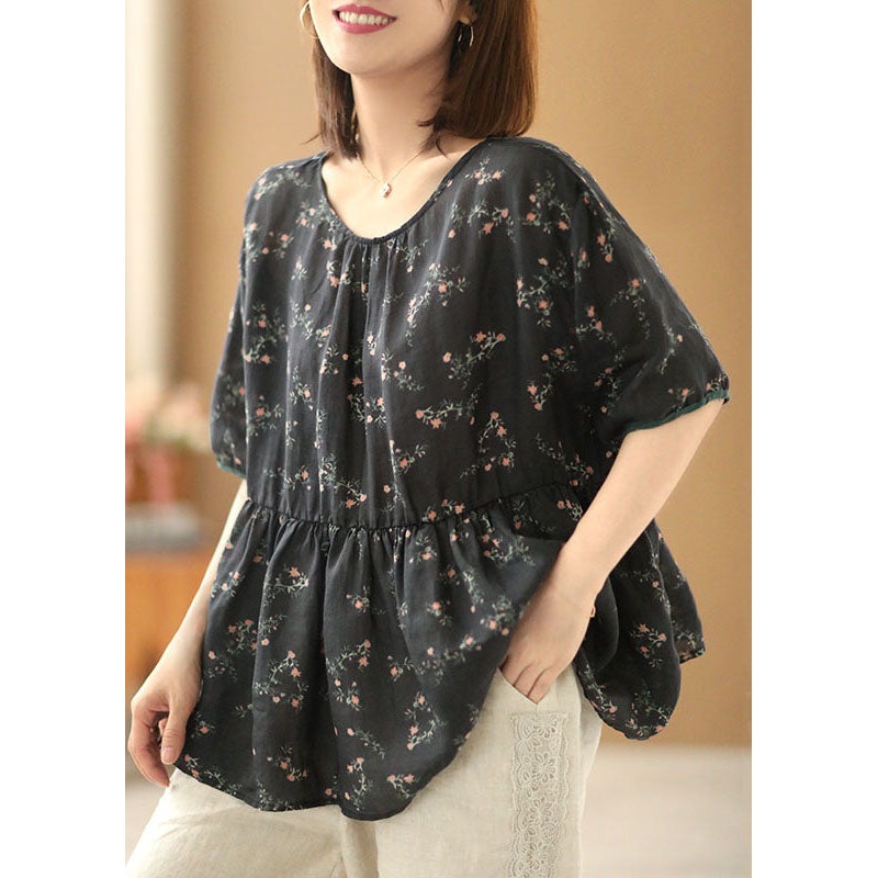 Bohemian Black O-Neck Print Linen Cinch Shirts Short Sleeve