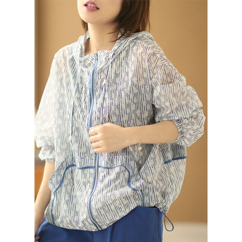 Bohemian Blue Striped Zippered Drawstring Hooded Pockets UPF 50+ Coat Jacket Summer