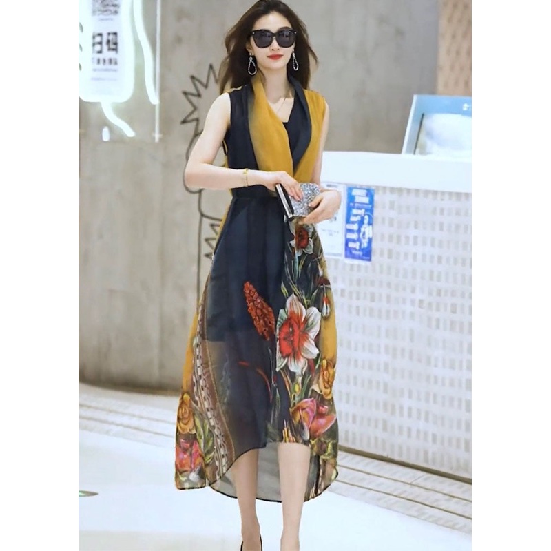 Bohemian Colorblock Bow Collar Tie Waist Print Chiffon Beach Dress And Spaghetti Strap Dress Two Pieces Set Sleeveless
