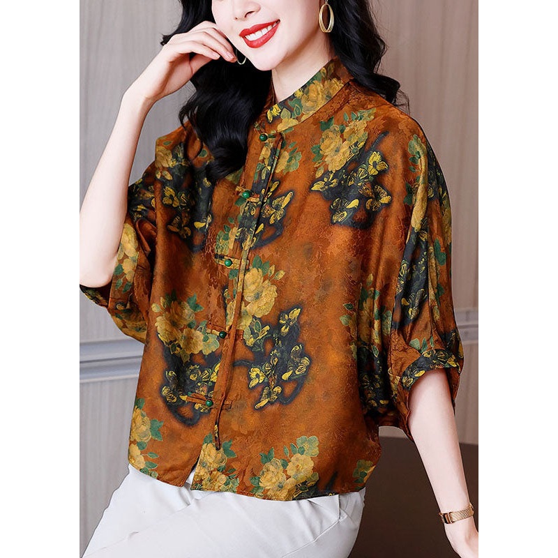 Bohemian Orange Stand Collar Oriental Button Print Silk Blouses Batwing Sleeve