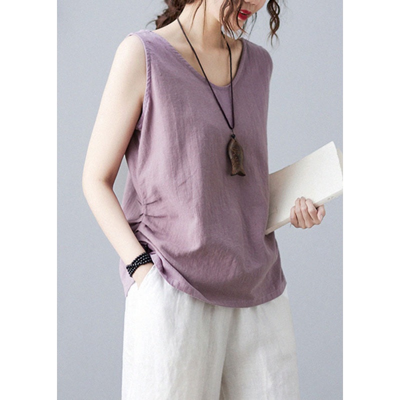 Bohemian Purple V Neck Wrinkled Solid Color Linen Vests Sleeveless