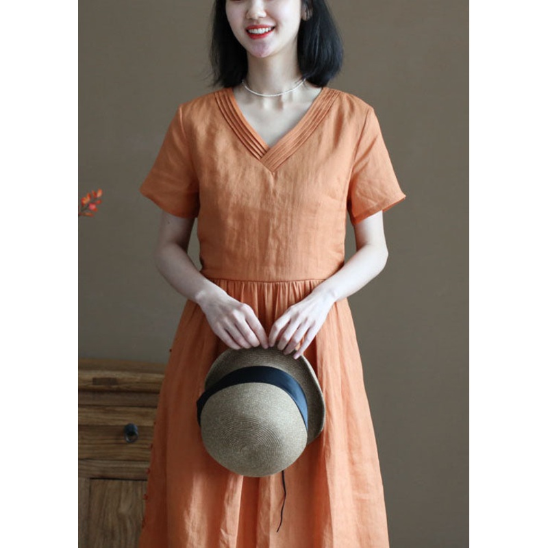 Bohemian Solid Orange V Neck Wrinkled Linen Cinch Dress Short Sleeve