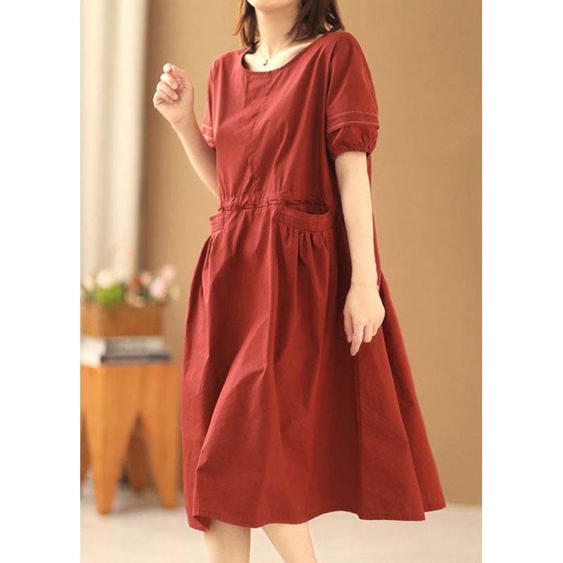Bohemian Solid Red O-Neck Drawstring Cotton Holiday Dress Short Sleeve