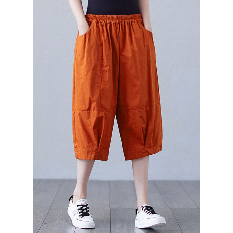 Boho Orange Elastic Waist Patchwork Pockets Solid Color Cotton Shorts Summer