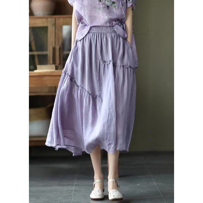 Boho Purple Elastic Waist Asymmetrical Ruffled Pockets Linen Skirt Summer