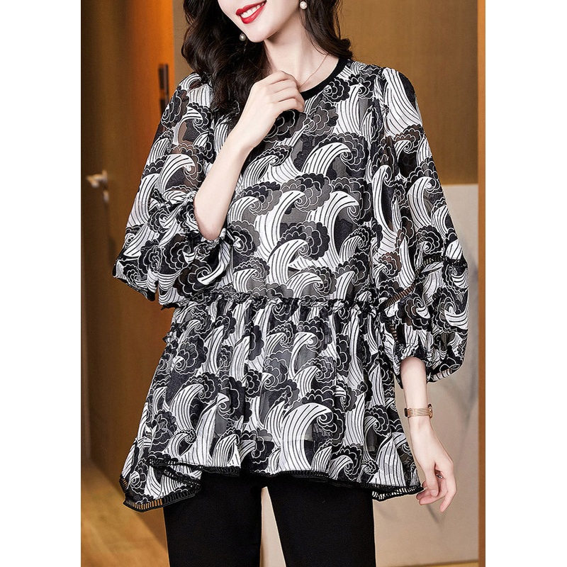 Boutique Black O-Neck Print Wrinkled Chiffon Shirts Lantern Sleeve