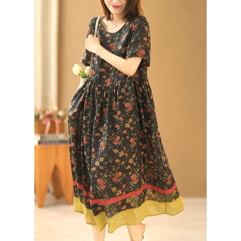 Boutique Black O-Neck Print Wrinkled Patchwork Linen Vacation Long Dress Short Sleeve