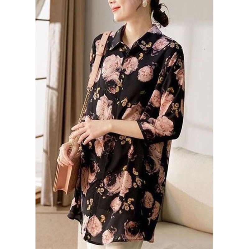 Boutique Black Peter Pan Collar Floral Print Chiffon Blouse Tops Bracelet Sleeve