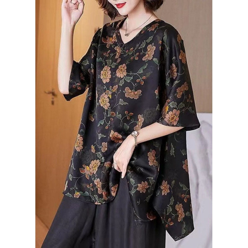 Boutique Black V Neck Asymmetrical Hem Print Silk Long Blouse Top Half Sleeve