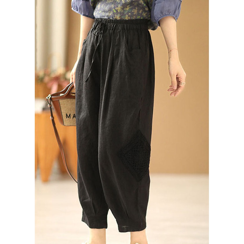 Boutique Brown Elastic Waist Pockets Lace Patchwork Linen Harem Pants Summer
