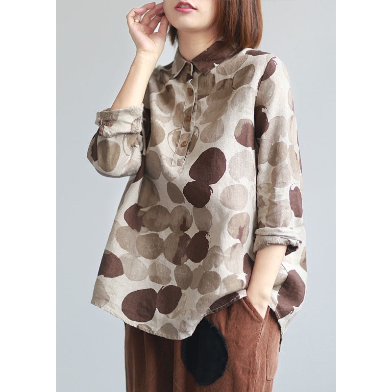 Boutique Khaki Peter Pan Collar Coffee Dot Print Linen Shirt Tops Long Sleeve