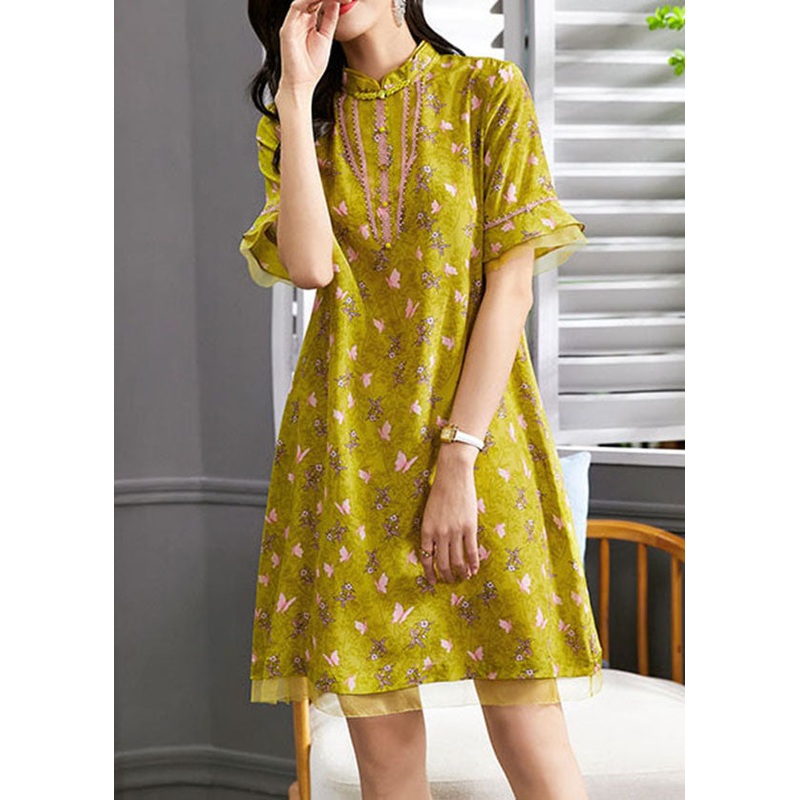 Boutique Yellow Mandarin Collar Floral Print Tulle Patchwork Silk Dresses Flare Sleeve
