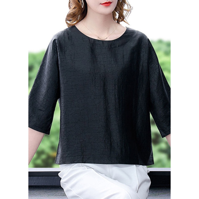 Brief Black O-Neck Solid Silk Tops Half Sleeve