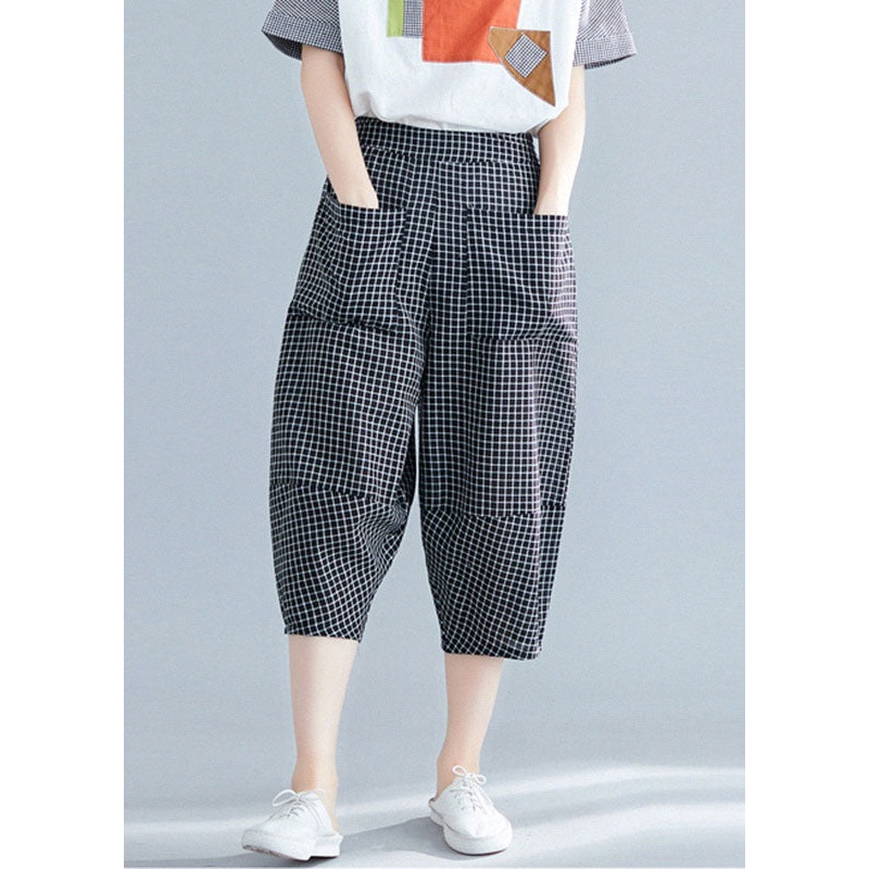 Casual Black Plaid Elastic Waist Pockets Cotton Crop Pants Trousers Summer
