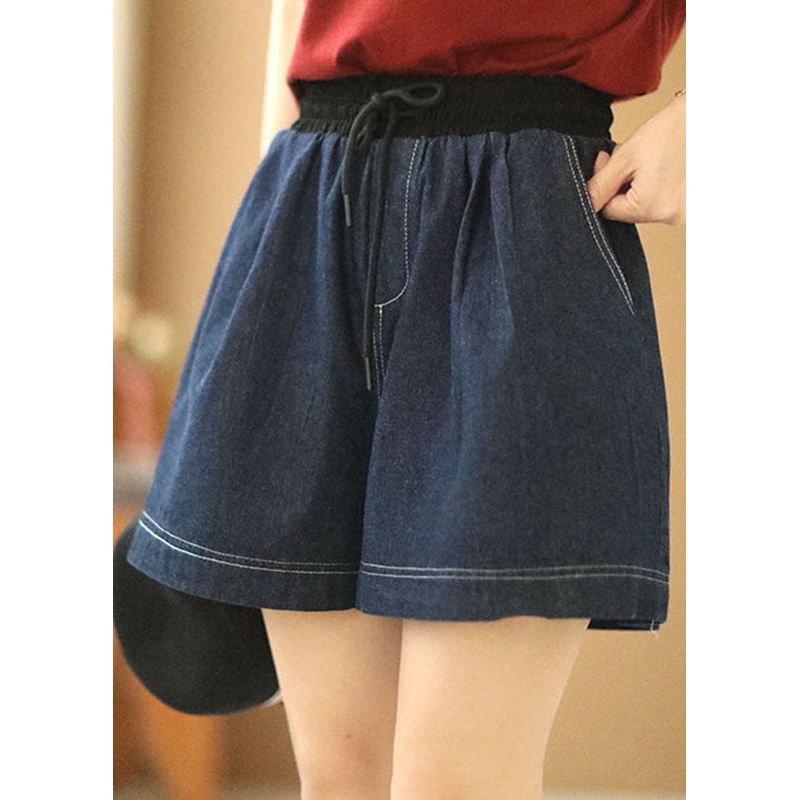 Casual Navy Elastic Waist Drawstring Pockets Patchwork Linen Denim Shorts Summer