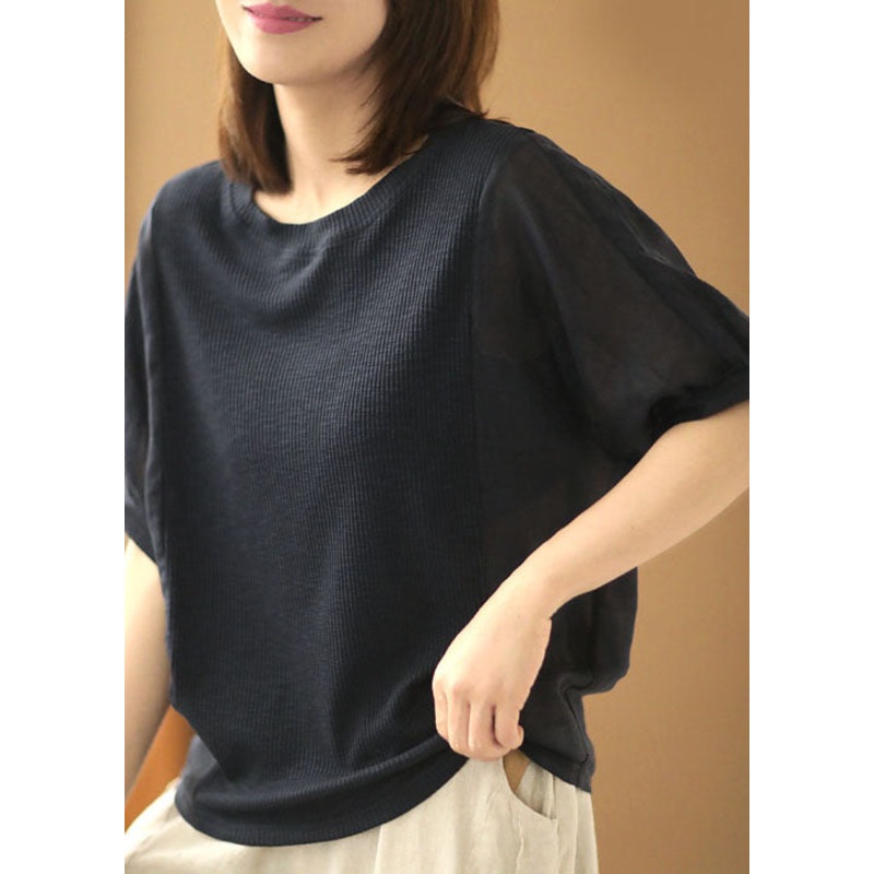 Casual Navy Solid Color O-Neck Knit Patchwork Linen Shirt Short Sleeve