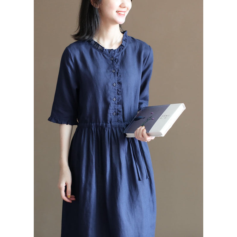 Casual Tibetan Blue Drawstring Ruffled Button Linen Long Dress Half Sleeve