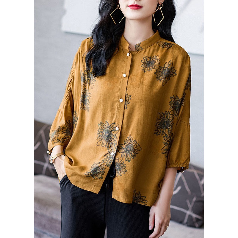 Casual Yellow Stand Collar Wrinkled Patchwork Print Silk Shirt Top Bracelet Sleeve