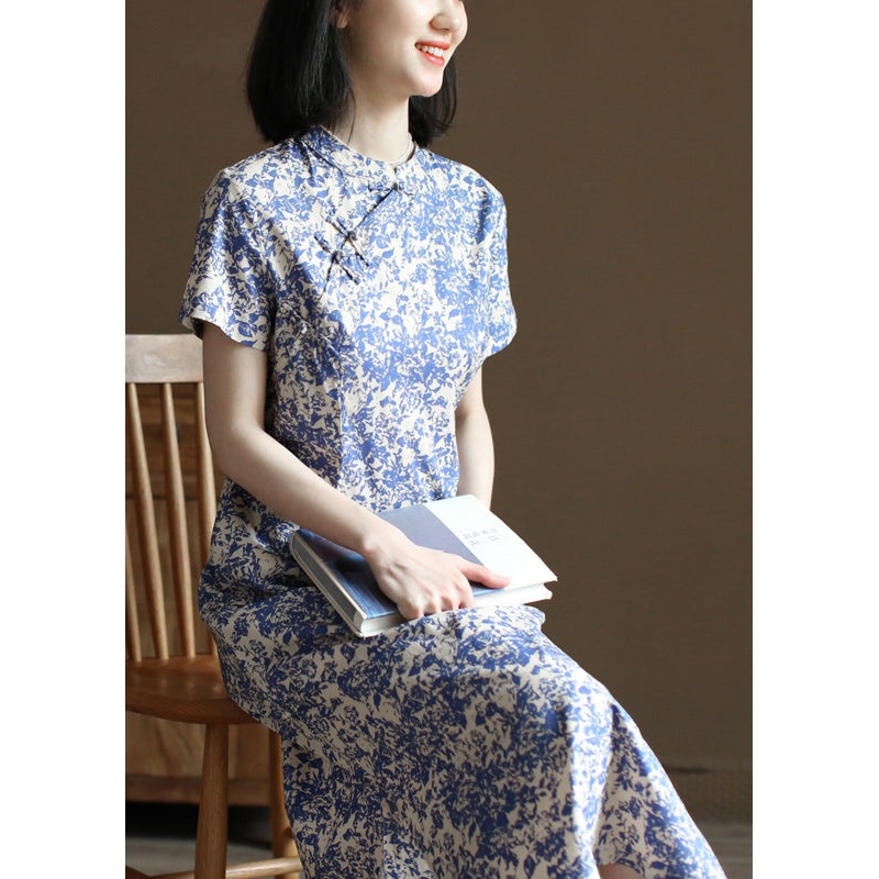 Chic Blue Stand Collar Print Side Open Cotton Long Dress Short Sleeve