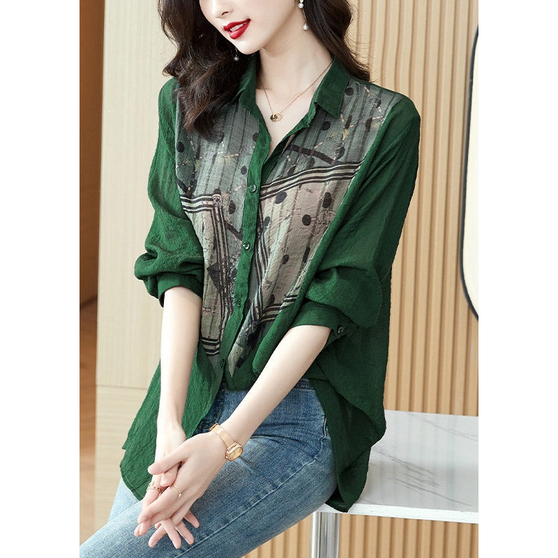 Chic Green Peter Pan Collar Print Button Cotton Shirts Long Sleeve