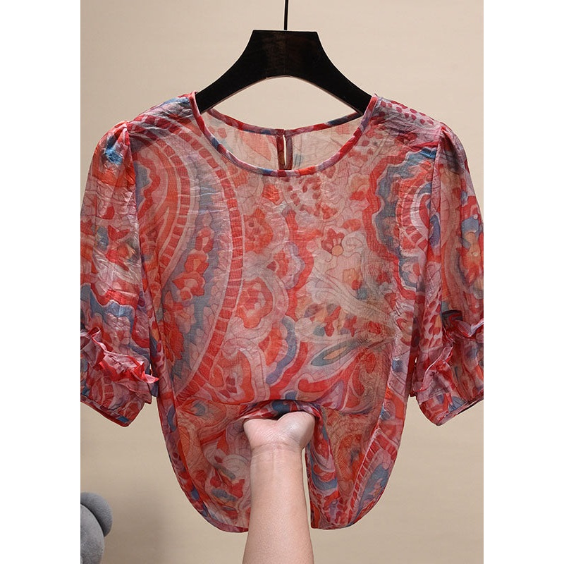 Classy Red O-Neck Ruffled Print Chiffon Shirt Top Short Sleeve