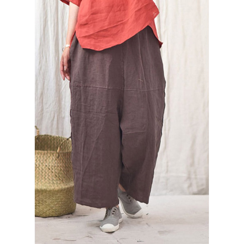 Coffee Pockets Patchwork Elastic Waist Linen Pants Summer