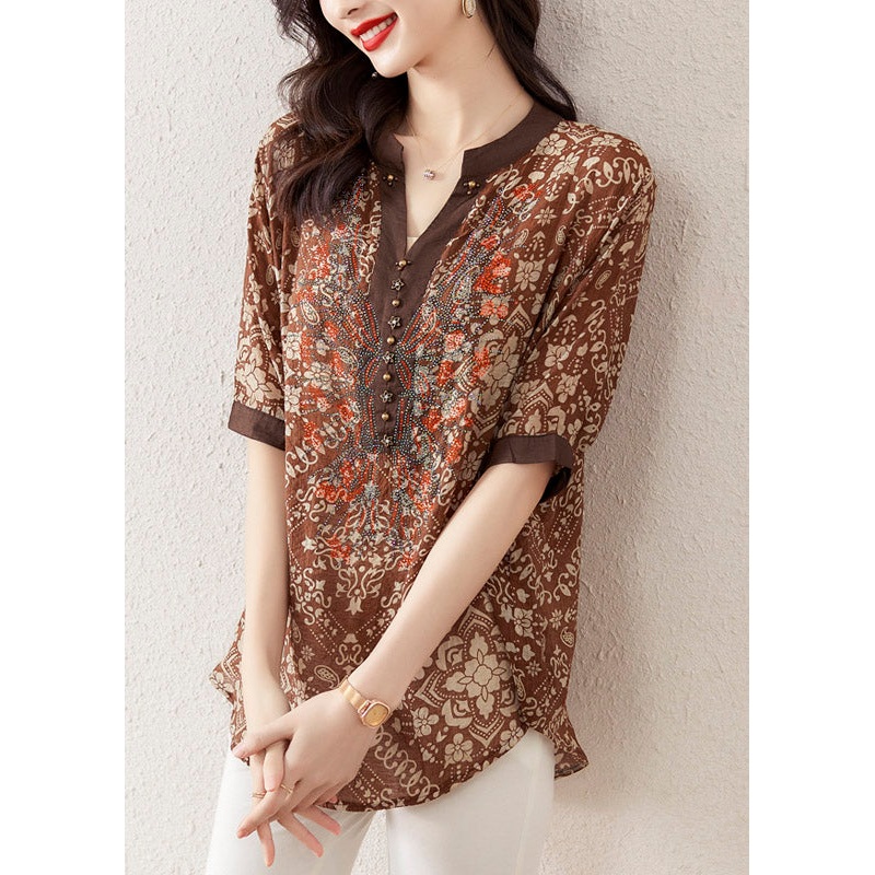 Coffee V Neck Print Rivet Chiffon Top Short Sleeve