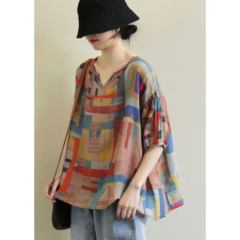 DIY Colorblock V Neck Geometric Print Linen Loose Tops Short Sleeve