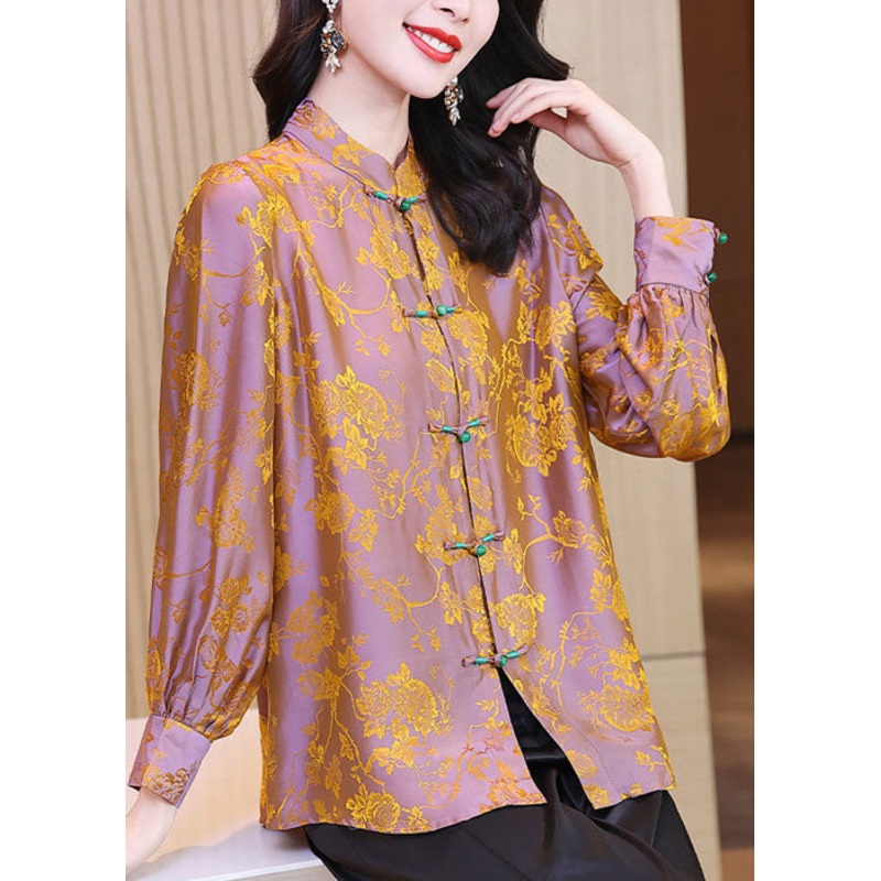 DIY Orange Stand Collar Jacquard Oriental Button Silk Shirt Tops Long Sleeve