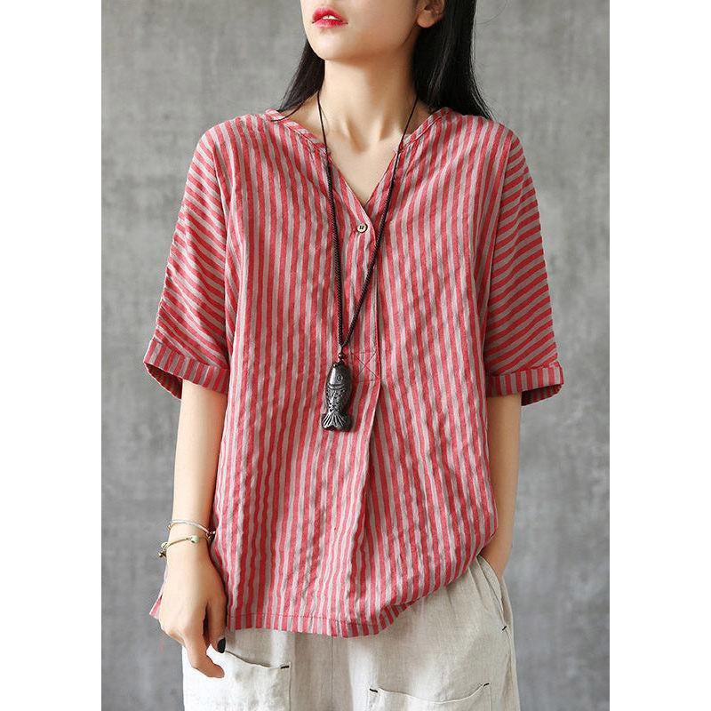 DIY Red V Neck Striped Button Linen Shirts Half Sleeve