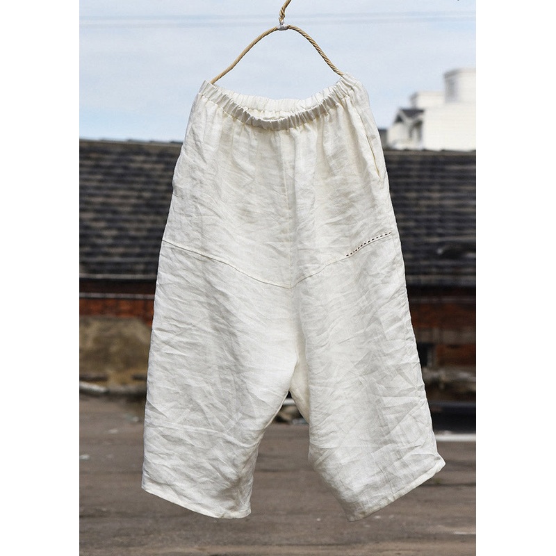 DIY White Pockets Patchwork Linen Wide Leg Pants Summer