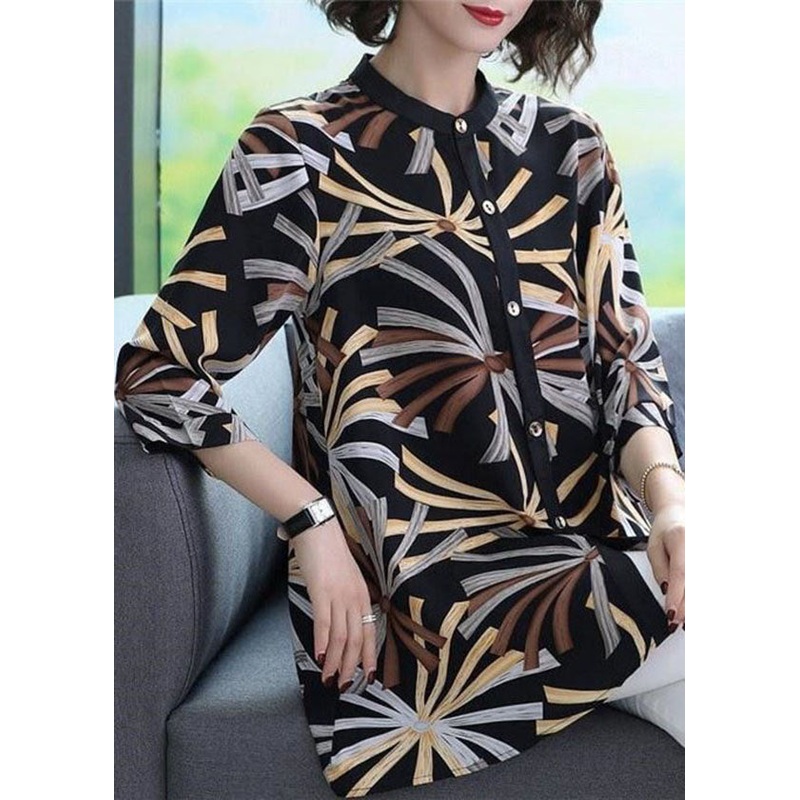 Elegant Black Stand Collar Print Chiffon Women's Shirts Bracelet Sleeve