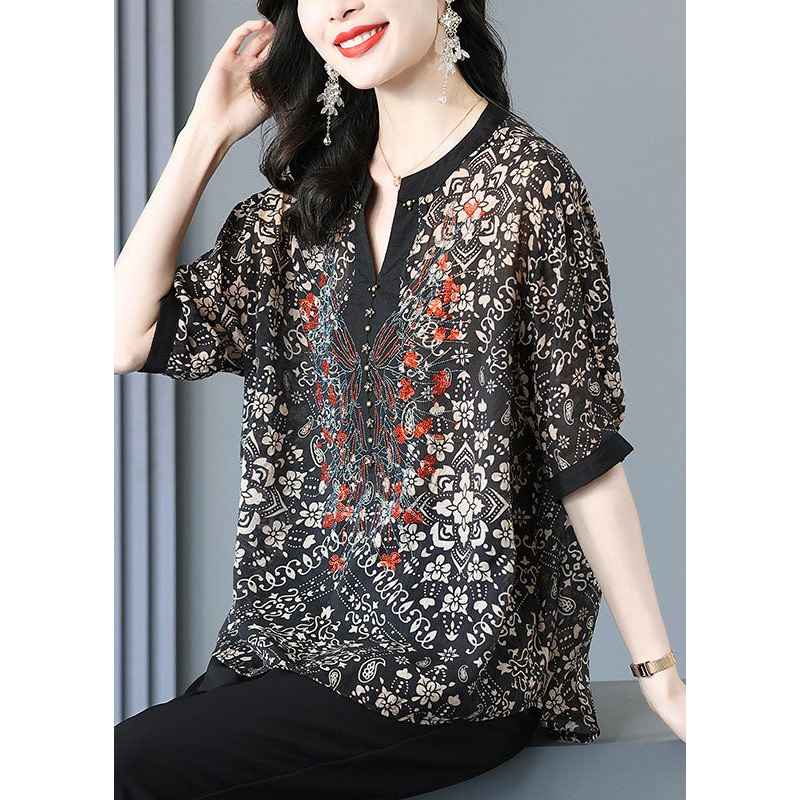 Elegant Black V Neck Print Silk Shirt For Women Short Sleeve