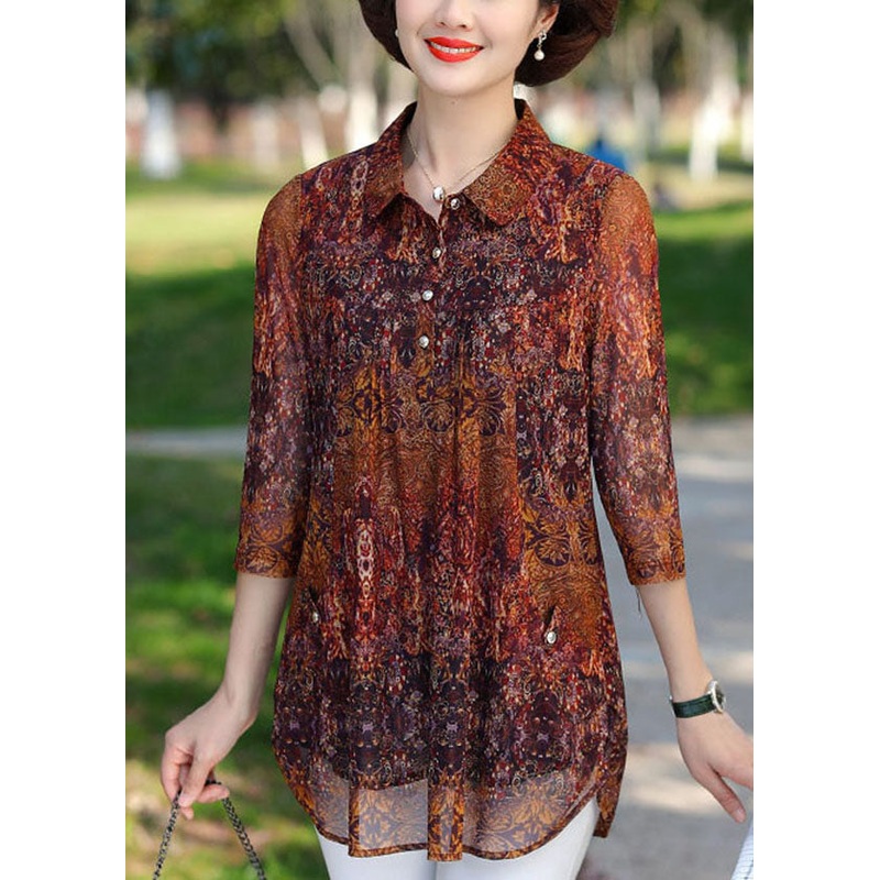 Elegant Brown Peter Pan Collar Print Button Silk Shirt Top Bracelet Sleeve