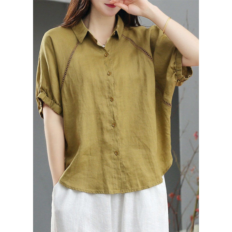 Elegant Green Peter Pan Collar Patchwork Button Linen Blouse Tops Short Sleeve