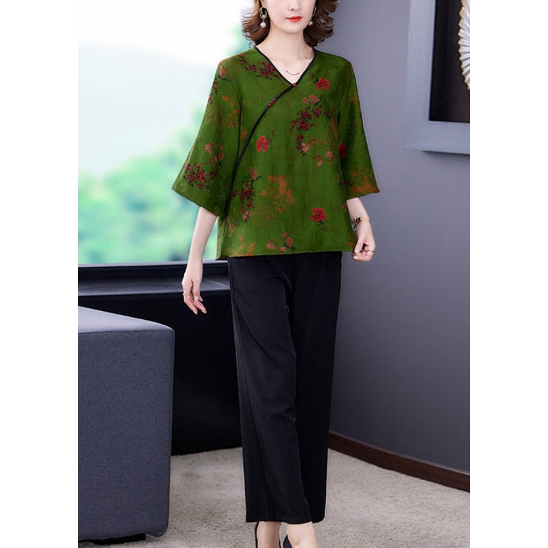 Elegant Green V Neck Print Silk Top And Wide Leg Pants Two Piece Set Summer
