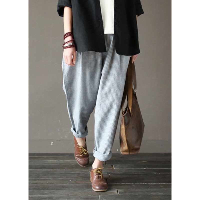 Elegant Light Blue Striped Elastic Waist Linen Harem Pants Spring