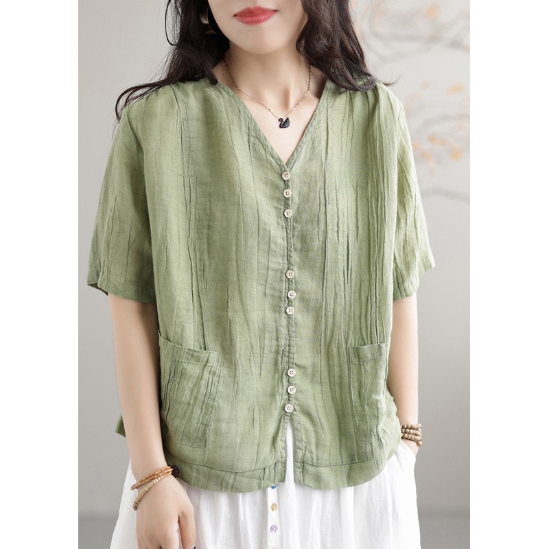 Fashion Green V Neck Linen T Shirts Short Sleeve